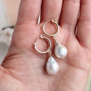 14K gold filled hoop baroque pearl earrings